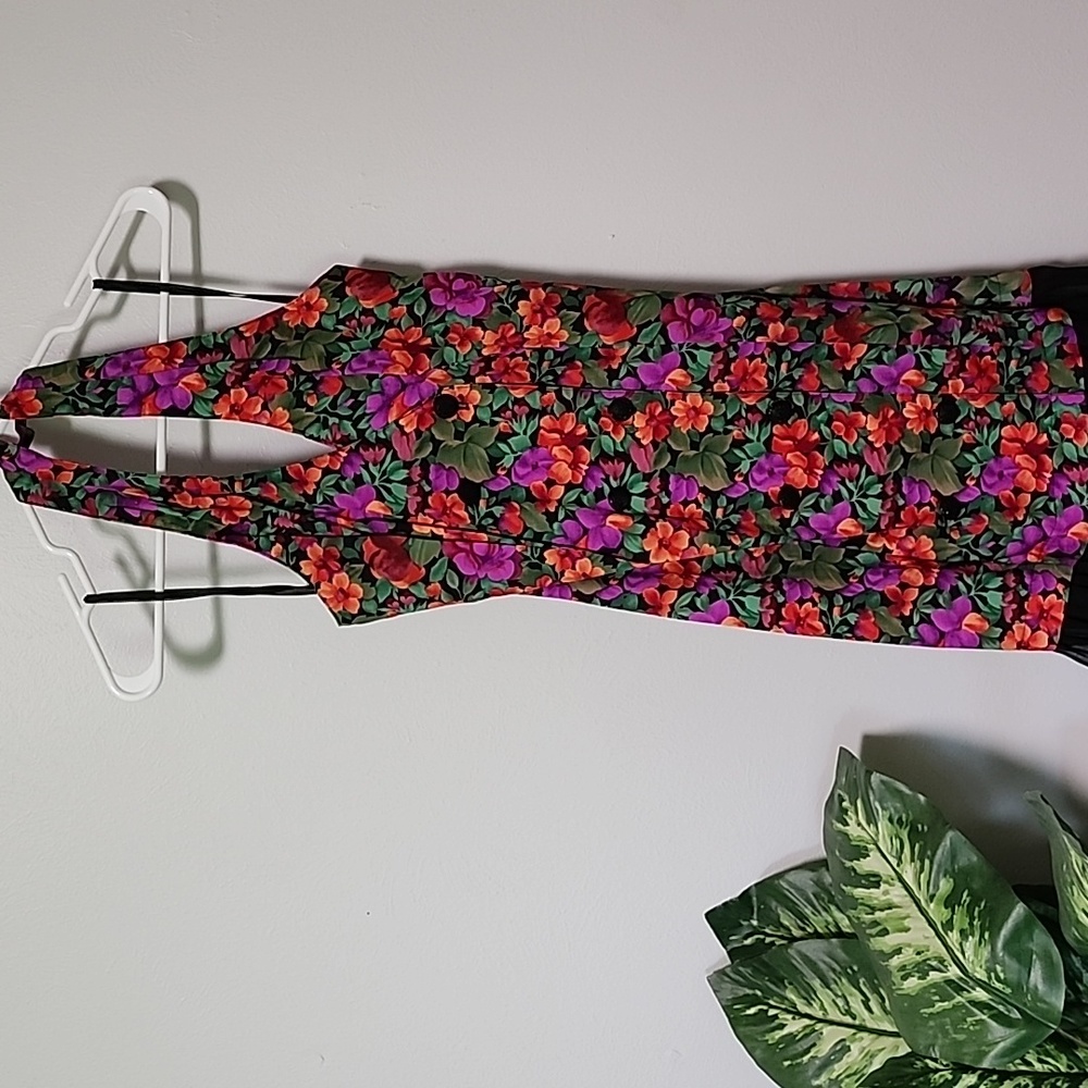 Multicolor floral halter top black sheer ruffle midi double down button dress